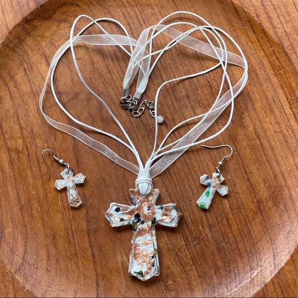 Fused Glass Cross Jewelry Set -Necklace & Earrings - Picture 1 of 12